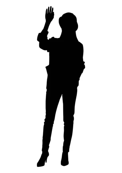 Силуэт Работницы Размахивающей Рукой Шлеме Жилете Векторный Плоский Стиль Иллюстрации — стоковый вектор