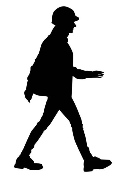 Silueta Una Trabajadora Camina Con Casco Chaleco Ilustración Estilo Plano — Archivo Imágenes Vectoriales