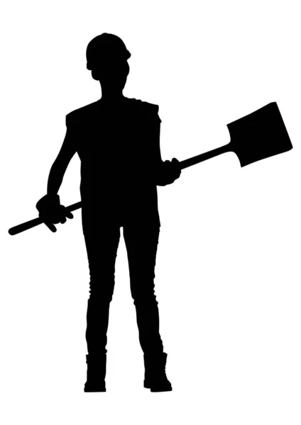 Silhouette Strong Female Worker Holding Shovel Wearing Helmet Vest Vector — Stock Vector