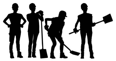 Siluetler, kasklı kadın işçiler. Beyaz üzerine izole edilmiş vektör düz stil çizimi. Tam uzunluk görünümü