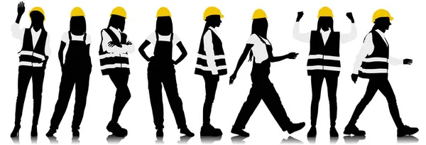 Silhouetten Von Arbeiterinnen Mit Helmen Vektor Flachbild Illustration Isoliert Auf — Stockvektor