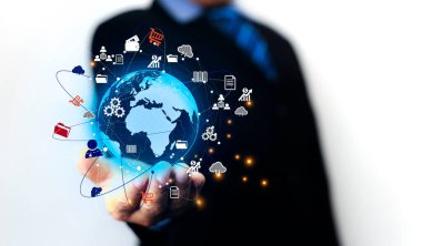 Bilgi teknolojisi dünya çapında kablosuz cihazları birbirine bağlayan internet ağları kurar. Bilgi teknolojisi dijital dünyadaki işletmeler için gereklidir ve ikonlar birbirlerine bağlıdır.