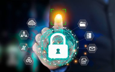 Biyometrik tanımlama parmak izi tarayıcısının uturistik dijital işlemcisi. Yeni nesil teknoloji için kavramsal dijital dönüşüm. Dijital futuristi 'nin izleme ve güvenlik taraması