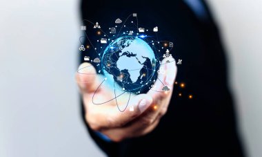 Bilgi teknolojisi dünya çapında kablosuz cihazları birbirine bağlayan internet ağları kurar. Bilgi teknolojisi dijital dünyadaki işletmeler için gereklidir ve ikonlar birbirlerine bağlıdır.