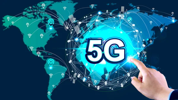 5G Technology networks Internet connecting wireless devices around the world. 5G technology is essential to businesses in the digital world with smartphones in hand and icons connected to each othe