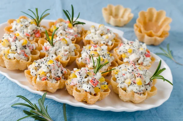 Tartlets Crab Sticks Eggs Corn Poppy Seeds Caviar Cold Portioned — Stock Photo, Image