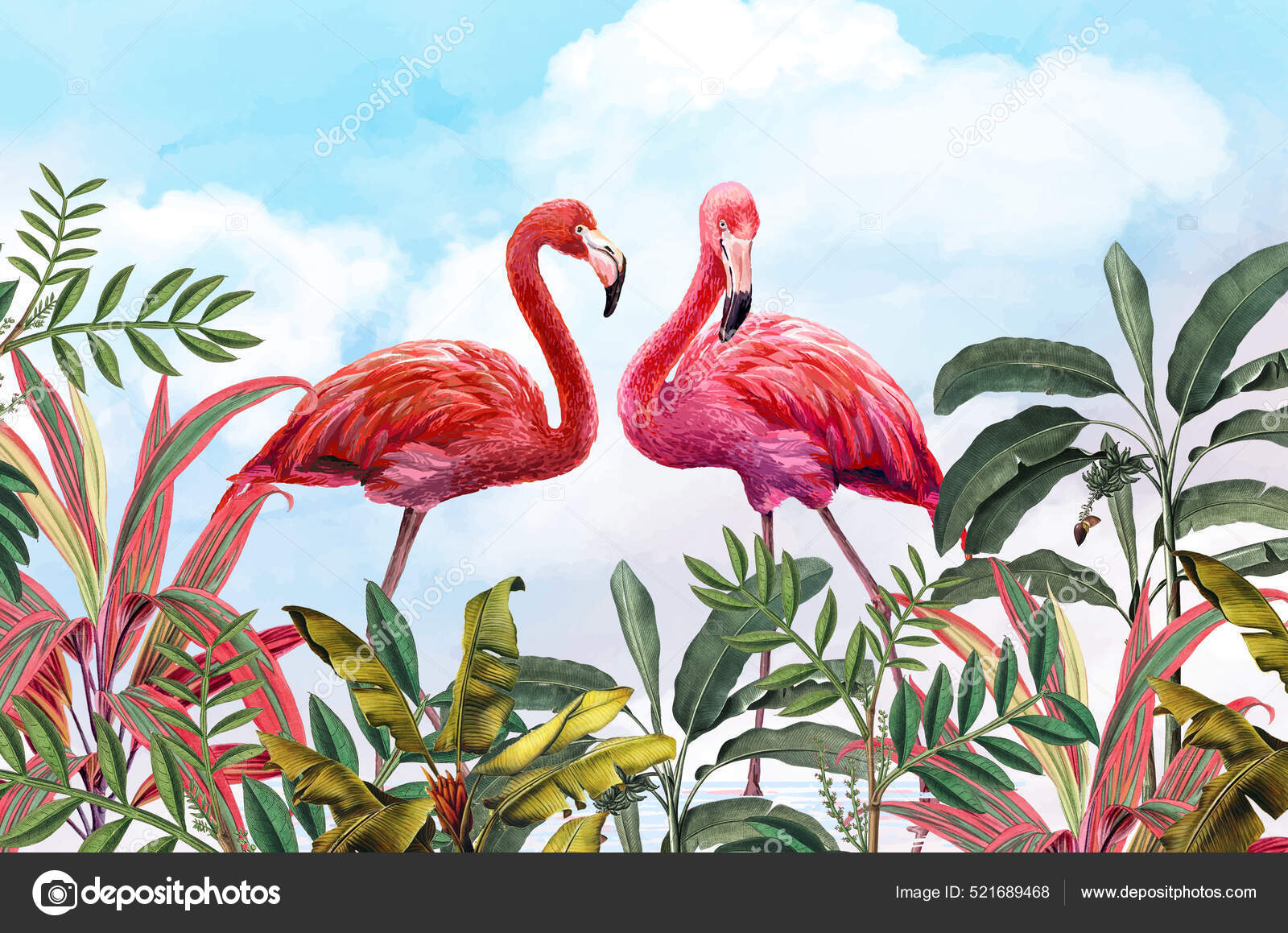 Pink Flamingos Background Tropical Leaves Wall Decor Fresco Interior  Wallpaper Stock Photo by ©antura@ 521689468