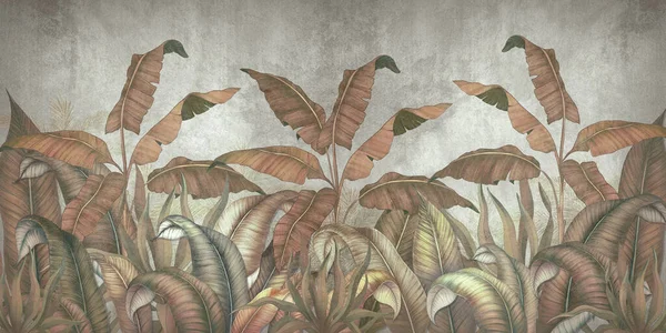 Tropické Listí Šedém Pozadí Malované Banánové Listy Fotografické Tapety Interiéru — Stock fotografie