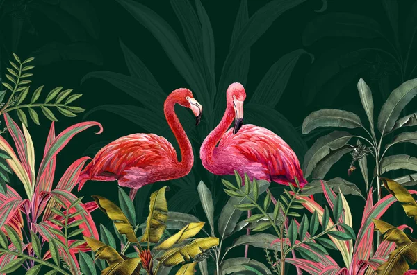 Fenicotteri Rosa Uno Sfondo Foglie Tropicali Decorazione Murale Affresco Interno — Foto Stock
