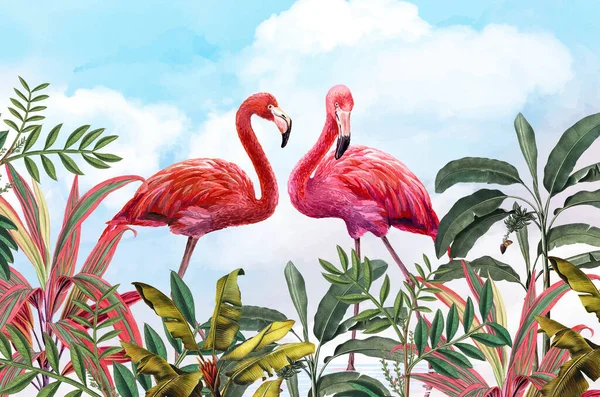 Fenicotteri Rosa Uno Sfondo Foglie Tropicali Decorazione Murale Affresco Interno — Foto Stock