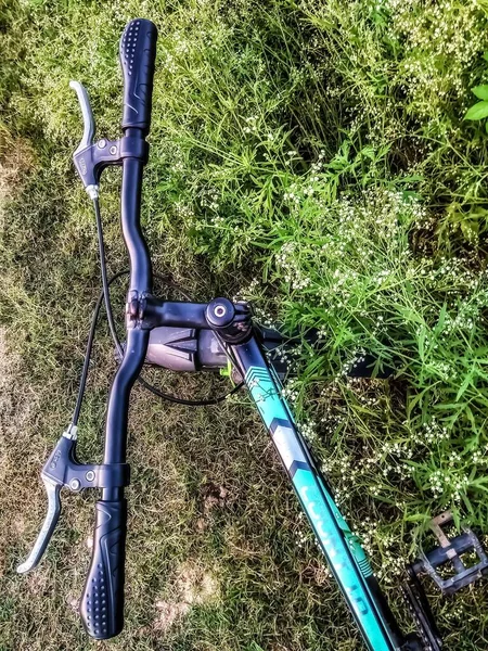 Bahçedeki çimlerin üzerinde bisiklet biçme makinesi