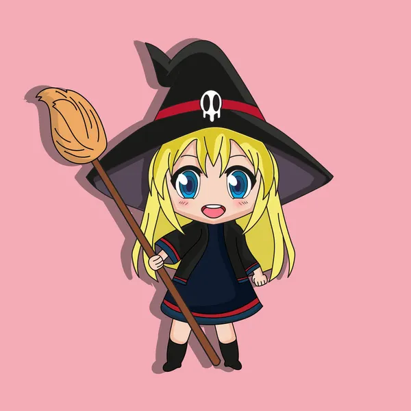 Lindo Poco Bruja Dibujos Animados Chibi Nft — Vector de stock