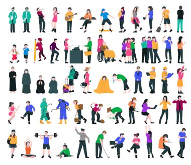 düz karakter çalışma ve aktivite illüstrasyonları