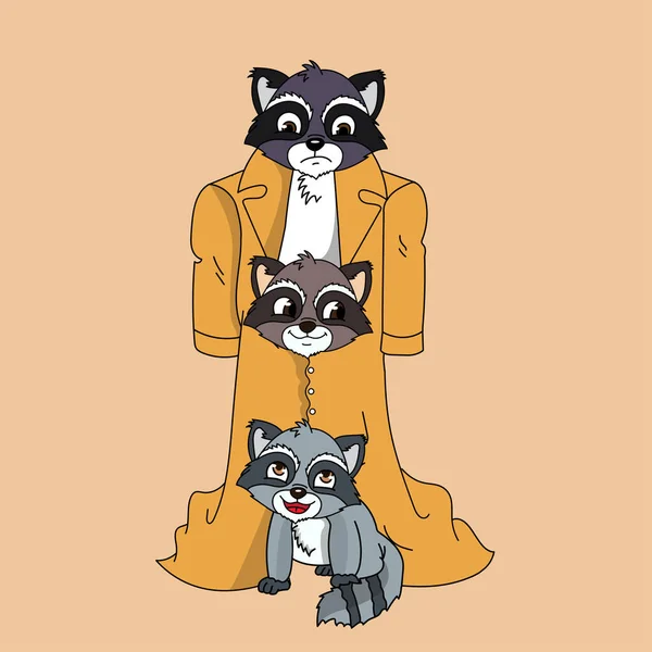 Cute Cartoon Three Raccoons Hiding Raincoat — стоковый вектор