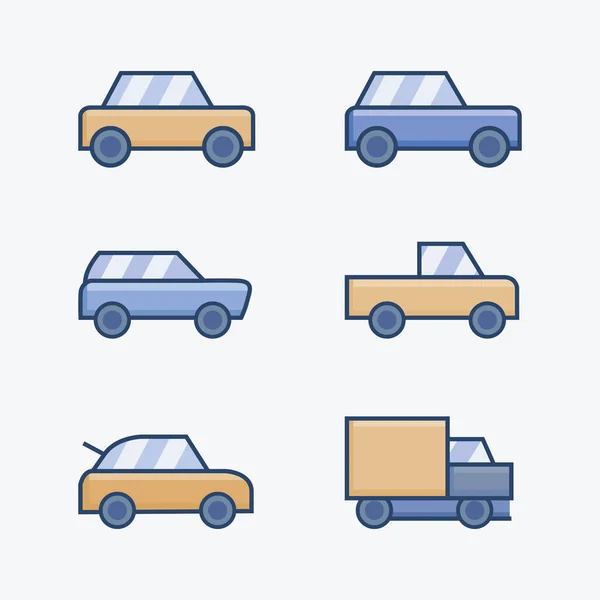 Conjunto Iconos Transporte Coche Amarillo Azul Simple — Vector de stock