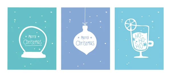 Joyeux jeu de cartes postales de Noël. Affiche de Noël avec boules, boule à neige et vin chaud. nouvelle carte de vœux de l'année dans le style doodle. — Image vectorielle