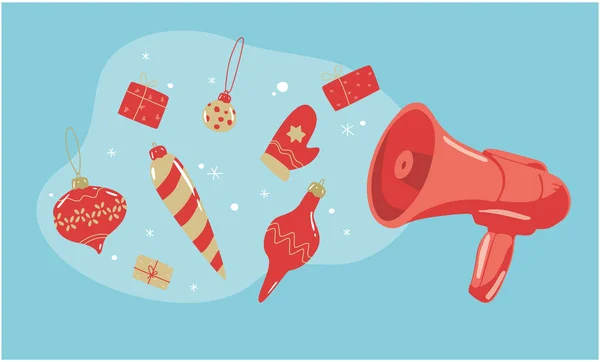 Megaphone announces merry Christmas. Speaker with gifts and xmas deduce. winter vibes. New year concept idea. X mas is coming. — Stock Vector