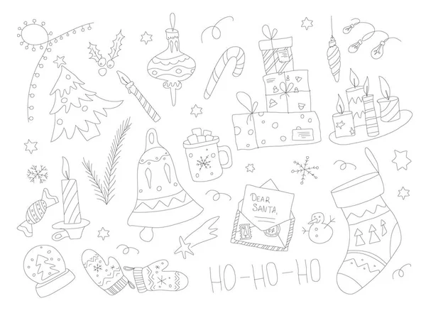 Collection de gribouillis de Noël. Ensemble de Noël dessiné à la main avec des éléments. bougie, lumière et cadeaux. schéma graphique. Lettre pour le Père Noël. — Image vectorielle