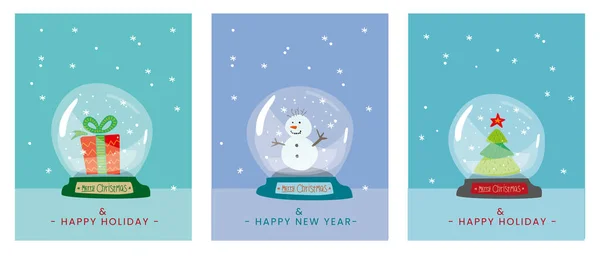 Coffret carte postale Noël avec boule. Joyeux Noël Affiche avec, globe de neige. nouvelle carte de vœux de l'année dans le style doodle. — Image vectorielle