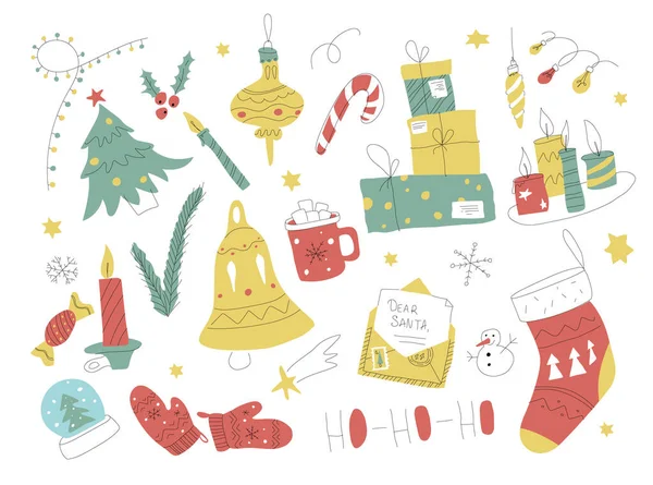 Collection de gribouillis de Noël. Ensemble de Noël dessiné à la main avec des éléments. bougie, lumière et cadeaux. schéma graphique. Lettre pour le Père Noël. — Image vectorielle