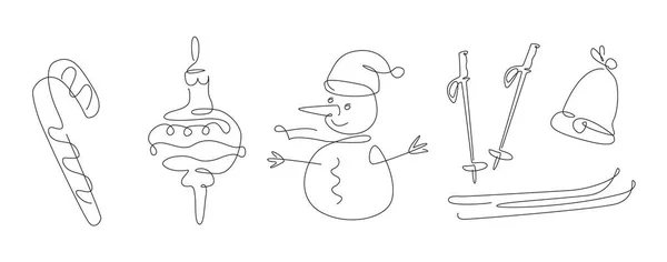 X-mas uma linha definida. elementos de ano novo arte de linha. Feliz Natal Conjunto com esqui e boneco de neve. meias linha contínua. delinear inverno. —  Vetores de Stock