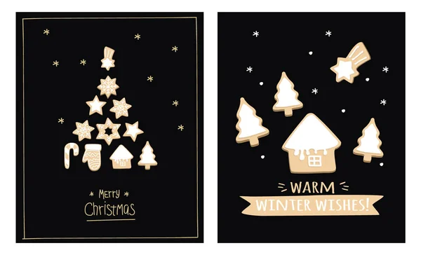 Carte postale de Noël avec pain d'épice. Affiche avec biscuits de Noël sur fond noir. carte d'invitation. — Image vectorielle