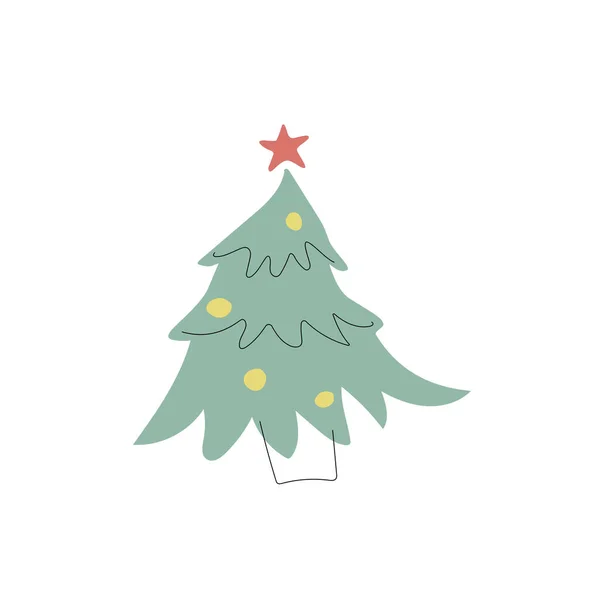 Рождественская елка с украшением. Плоская линия. doodle. — стоковый вектор