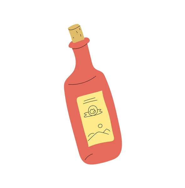 Una botella de vino tinto. Doodle plano y la línea. — Vector de stock