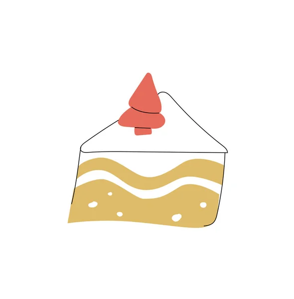 Una pace di torta con decorazione dell'albero di Natale. Design piatto e lineare. doodle. — Vettoriale Stock