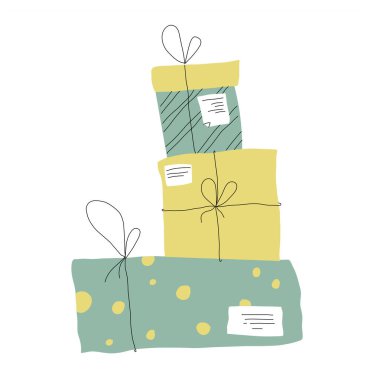 Karalama tarzında üç hediye. Doğum günü ve Noel için. Düz ve çizgi.