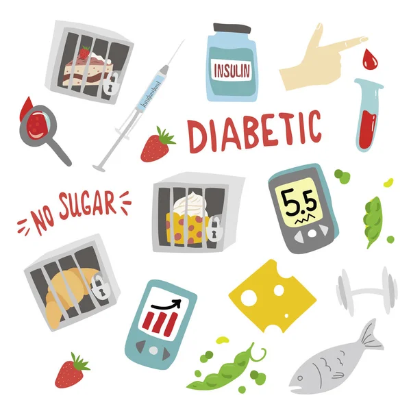 Elementy cukrzycowe. Infografika cukrzycy. Menu odporności na insulinę bei. zdrowe jedzenie bez cukru. Bez cukru. — Wektor stockowy