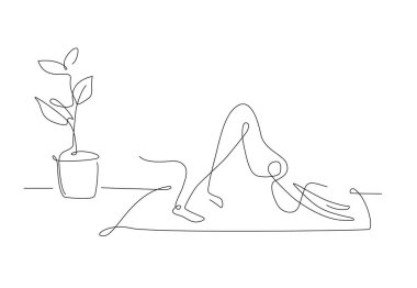 Yoga, pilates pozları ve asmalar. Aşağı bakan köpek çizgisi sanatı. Bir satır illüstrasyon. anahat yoga şekli.