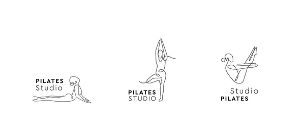 Yoga Studio Logo Set vorhanden. Ein Zeilenzeichen. Pilates-Logotyp. Vektor-Symbol Asana. — Stockvektor