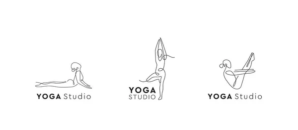 Logo Yoga Studia nastaveno. Jedna čára. Středový logotyp pilates. Vektorový symbol asana. — Stockový vektor