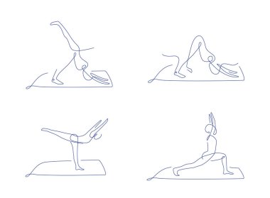 Pilates çizgisi sanat pozları. Ana hatlı vektör çizimi. Bir sıra yoga koleksiyonu. Kadınlar yoga ve pilates yapar..
