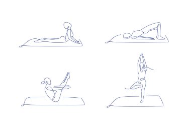 Pilates çizgisi sanat pozları. Ana hatlı vektör çizimi. Bir sıra yoga koleksiyonu. Kadınlar yoga ve pilates yapar. yoga minderi