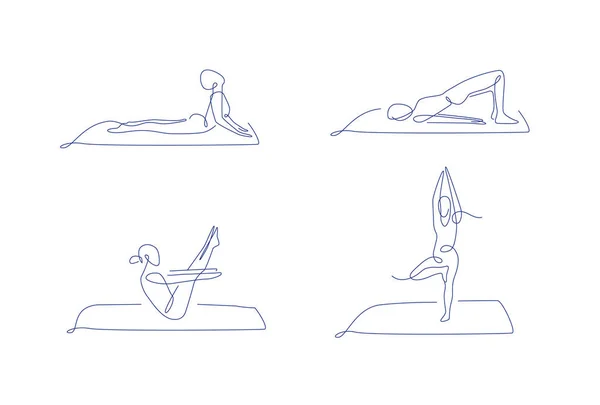 Pilates line art poses set. outline vector illustration. one line yoga poses collection. women make yoga and pilates. yoga mat — Stock Vector