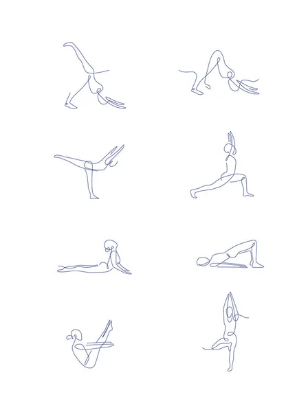 Pilates çizgisi sanat pozları. Ana hatlı vektör çizimi. Bir sıra yoga koleksiyonu. Kadınlar yoga ve pilates yapar..