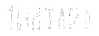 Tek sıra halinde tamir aletleri. Sanat setini tamir ediyorum. Ev bakım ekipmanı taslak çizimi vektör çizimi. Bir çizgi boya fırçası koleksiyonu.