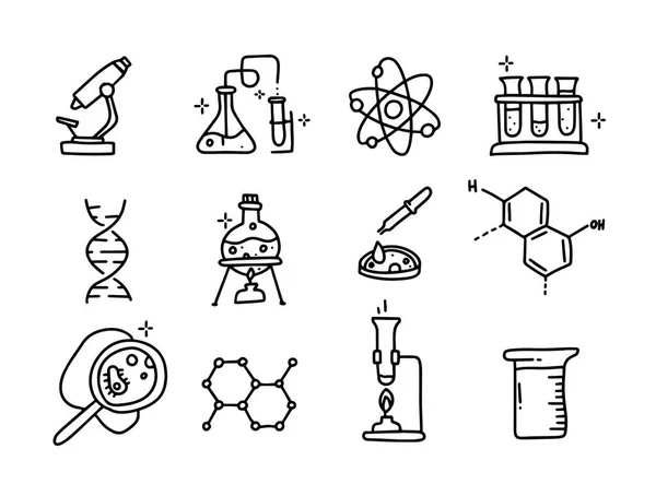 Kemisk ikon i klotter stil. handritade vetenskapliga element. Insamling av laboratorieutrustning. forskningselement. — Stock vektor