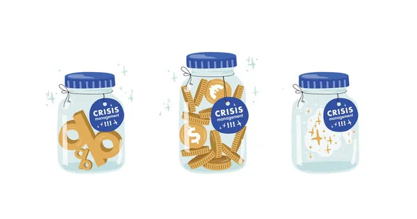 Set Financial crisis concept. Jar with a interest rate. Jar with a money. Financial crisis concept. Crisis management metaphor. Global economy crisis. Miracle. — Stok Vektör