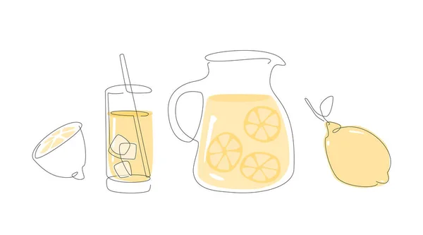 Limonade één lijn ingesteld. eenvoudige set citroensap. outline gar met limonade. Zomer drankje in lijn kunst. .Vector. — Stockvector