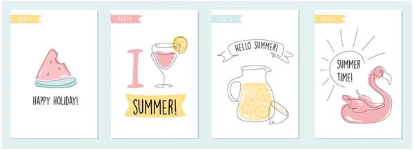 Cartões postais de verão. Coleção de pôster de verão. cartão convite com ilustrações de arte de uma linha. — Vetor de Stock