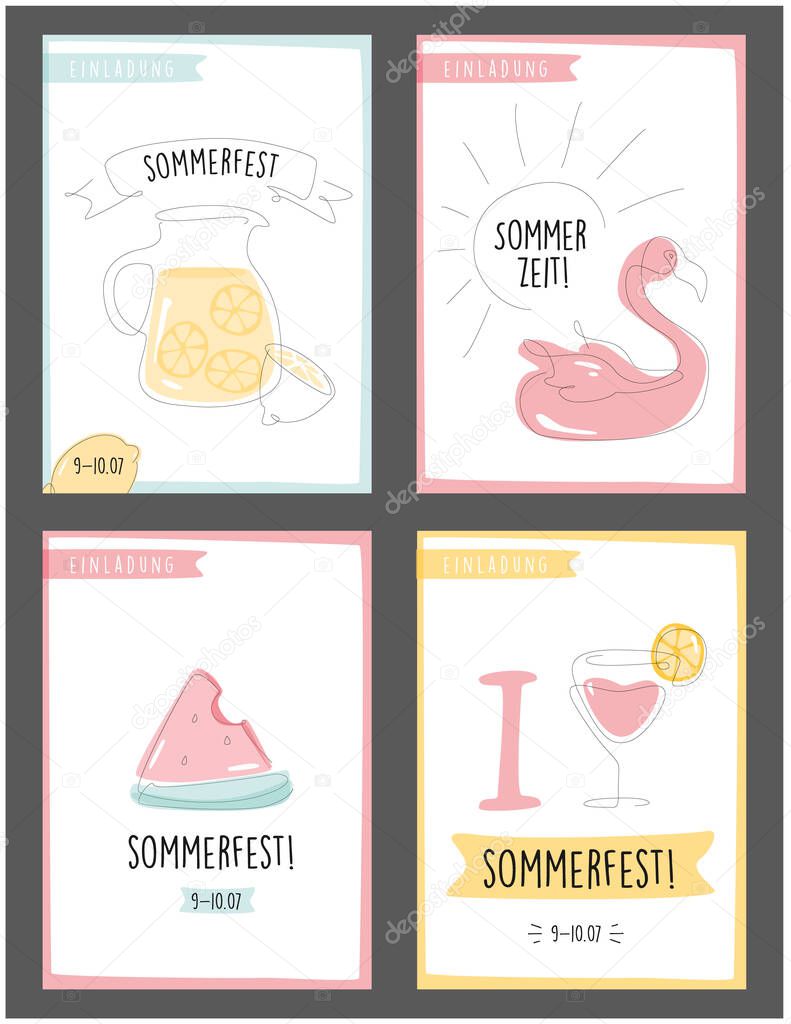 Postcard for german summer party. sommerfest einladung. set of card to beach Party. Vector illustration
