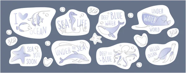 Underwater Sticker Set One Line Outline Marine Animals Emblem Line — Stock Vector