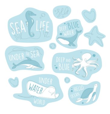 Bir sıra deniz canlısı çıkartması. Su altı hayvan amblemi. Çizgi sanatı okyanus ve deniz yaşamı harf koleksiyonu