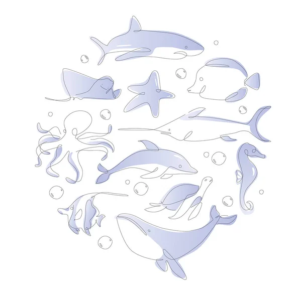 One Line Sea Life Set Underwater Outline Animals Line Art — Stock vektor