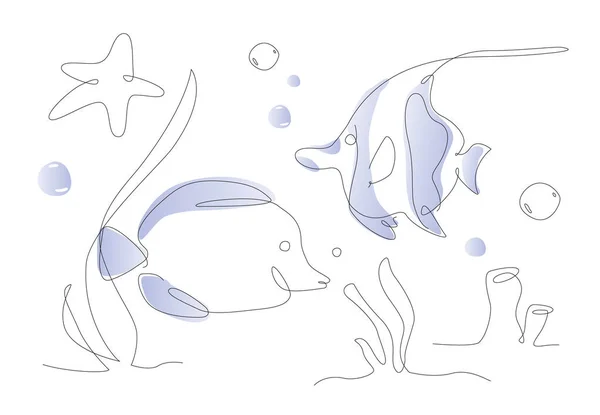 One Line Aquarium Fish Ocean Life Moorish Idol Hippo Tang — Stock Vector
