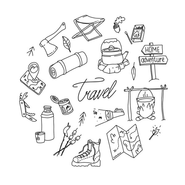 Набор каракулей для наружного оборудования. кемпинговые инструменты нарисованы вручную. Набор для выживания. Дикая природа.