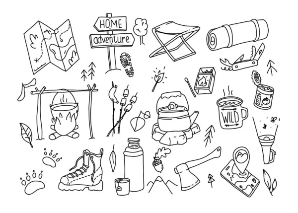 Κάμπινγκ Εξωτερική Doodle Σετ Χειροποίητη Απεικόνιση Πεζοπορίας Εξοπλισμός Περιπέτειας Πλοήγηση — Διανυσματικό Αρχείο